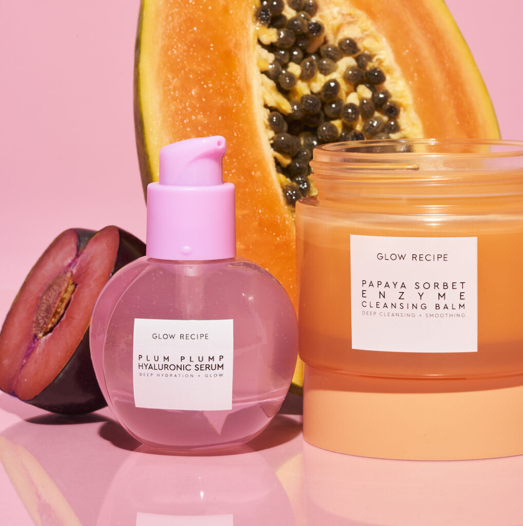 Glow Recipe Plum Plump Hyaluronic Serum, Papaya Sorbet Enzyme Cleansing Balm with fruit